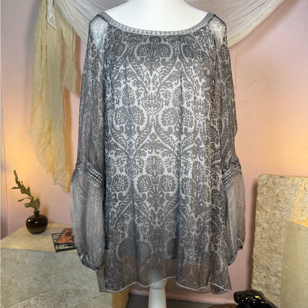 Vintage Silk Blouse Grey Sheer Boho Fairy Grunge Top Medium Flowy